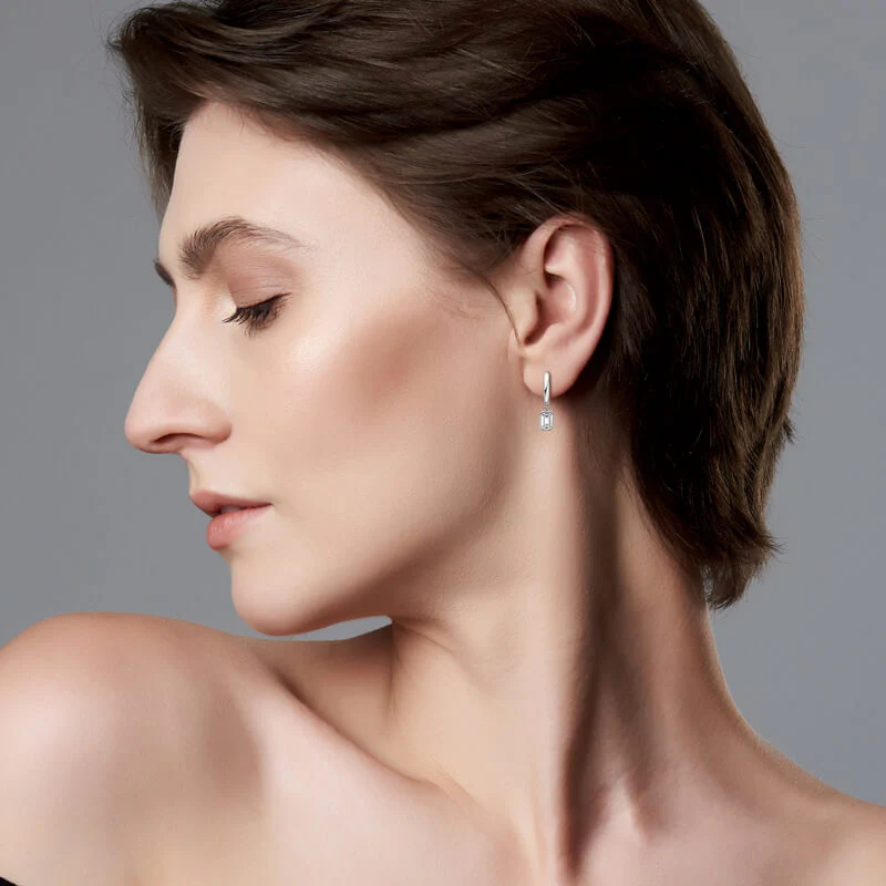 Solitaire Bezel Emerald-Cut Moissanite Drop Earrings In Sterling Silver - Image 4