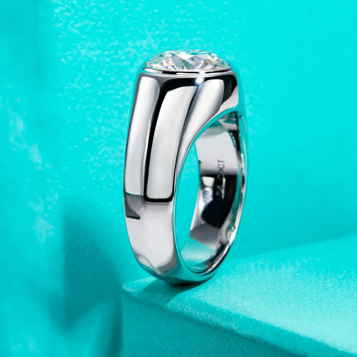 Solitaire Bezel Round Moissanite Wide Shank Engagement Ring - Image 2