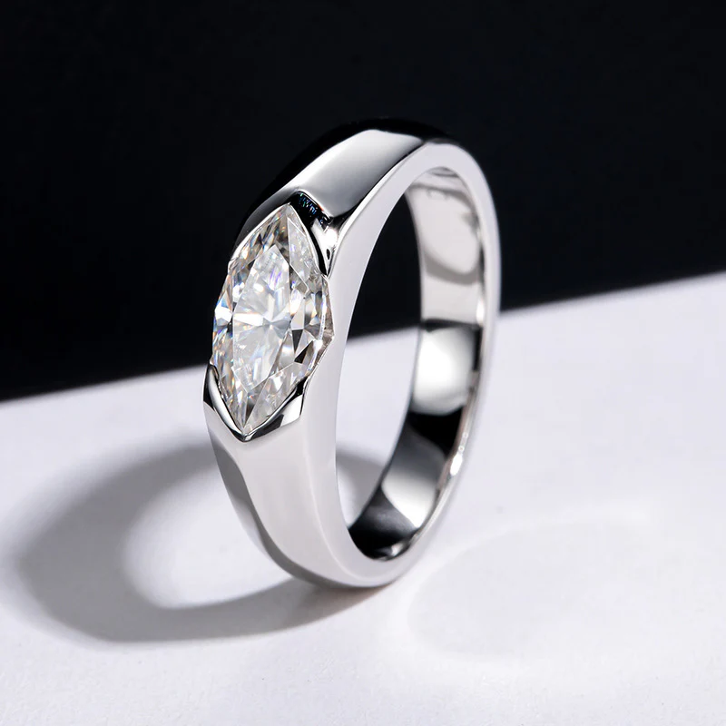 Solitaire Marquise Moissanite Half Bezel Set Engagement Ring - Image 2