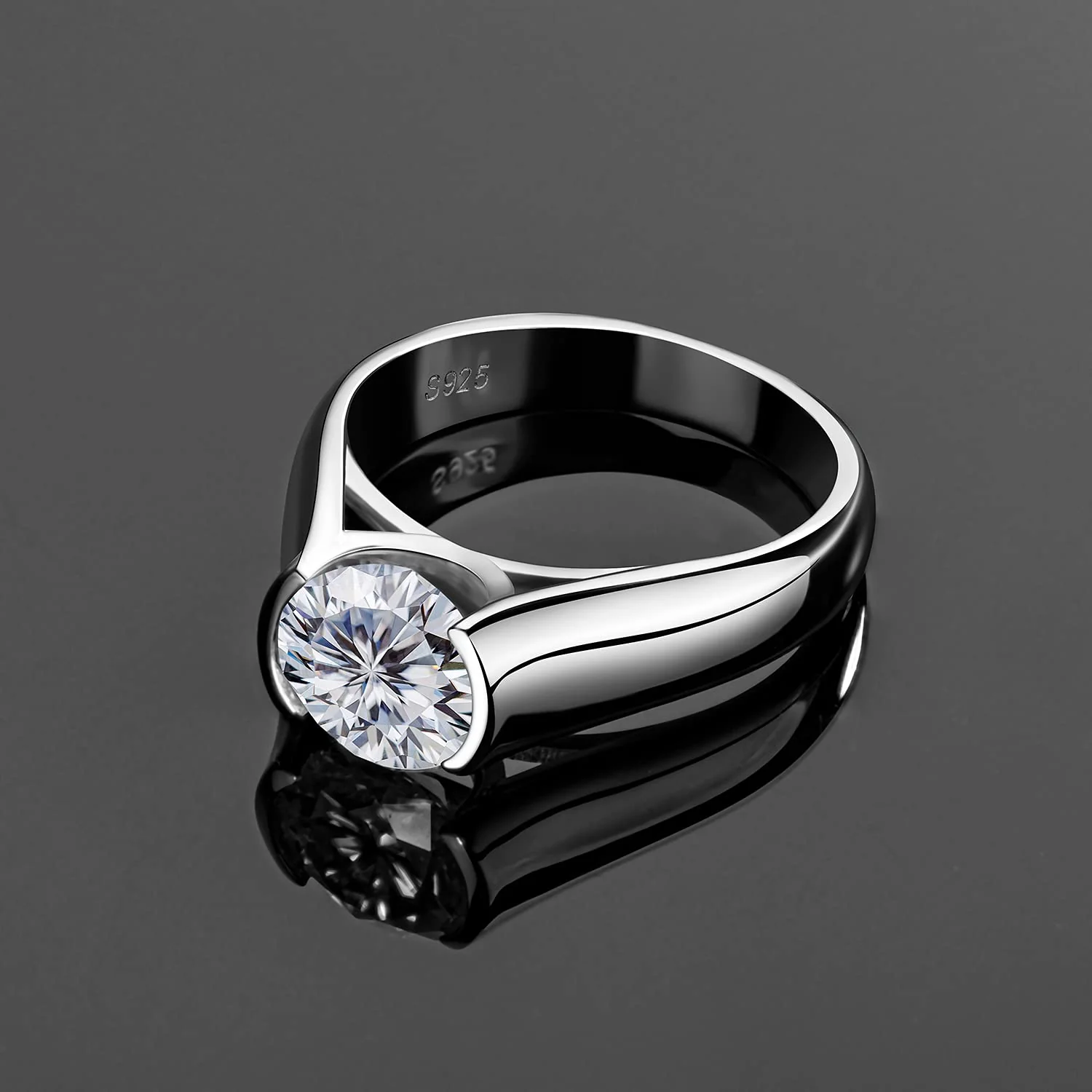 Solitaire Moissanite Half Bezel Set Sterling Silver Engagement Ring - Image 3