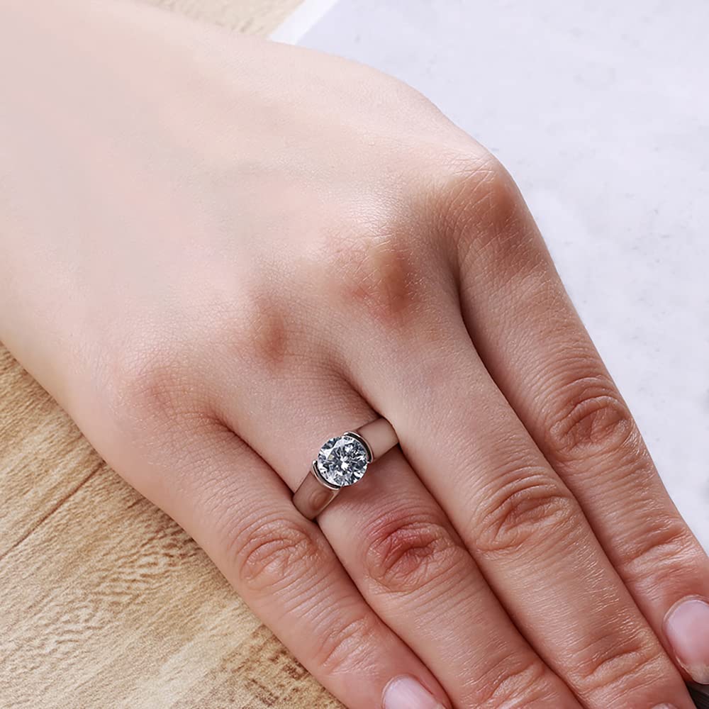 Solitaire Moissanite Half Bezel Set Sterling Silver Engagement Ring - Image 7