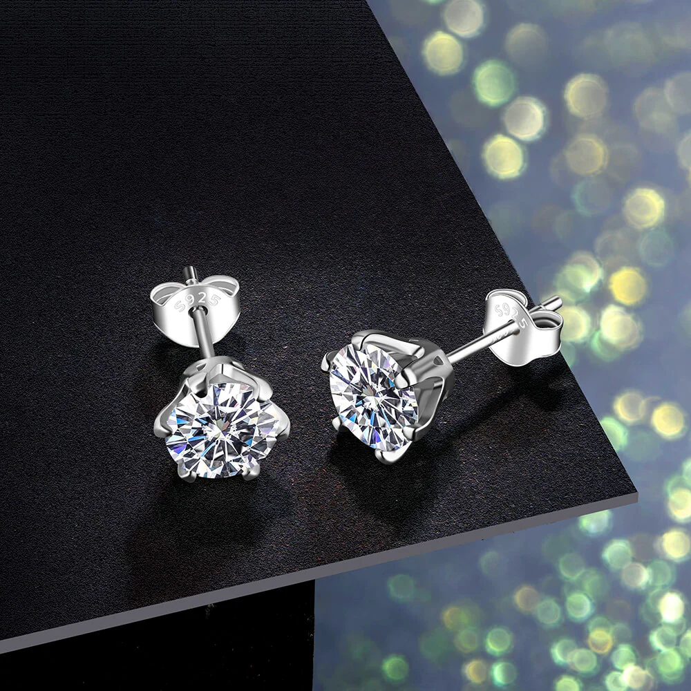 Solitaire Moissanite Six Prong Sterling Silver Stud Earrings - Image 5