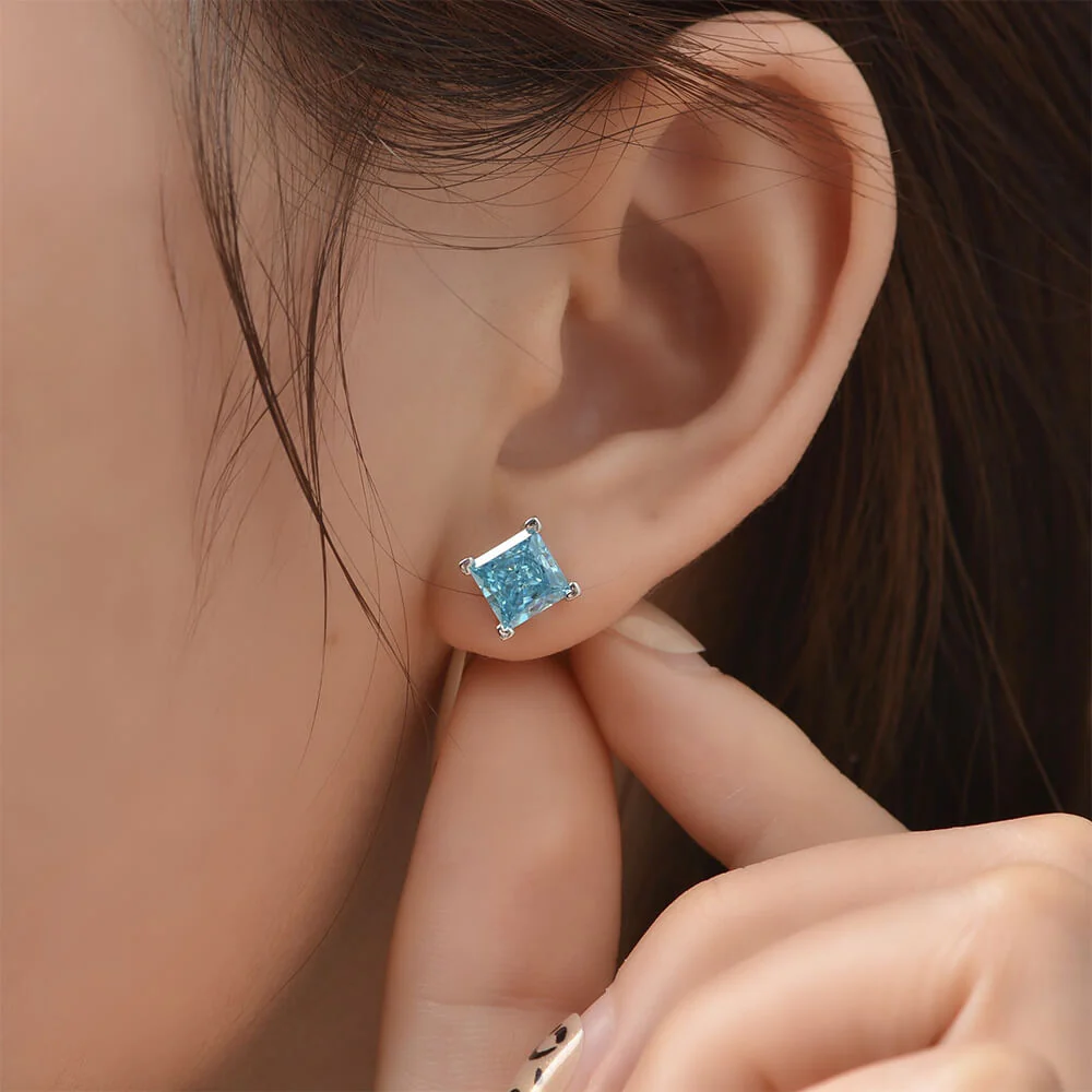 Solitaire Princess-Cut Lab-Sapphire Sterling Silver Stud Earrings - Image 8