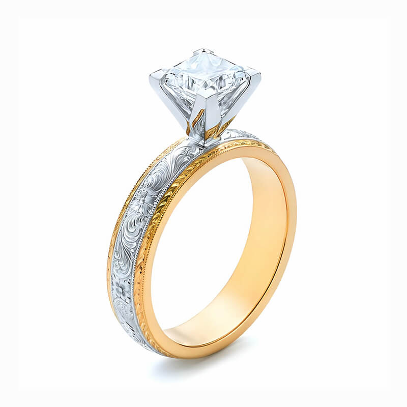 Solitaire Princess Moissanite Swirling Scroll Two Tone Engagement Ring - Image 2
