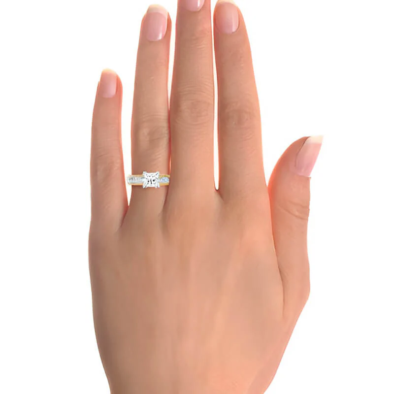 Solitaire Princess Moissanite Swirling Scroll Two Tone Engagement Ring - Image 6