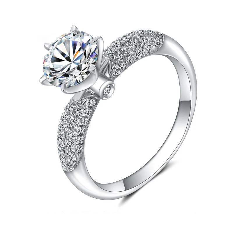Solitaire Round Moissanite Five Rows Pave Engagement Ring - Image 4