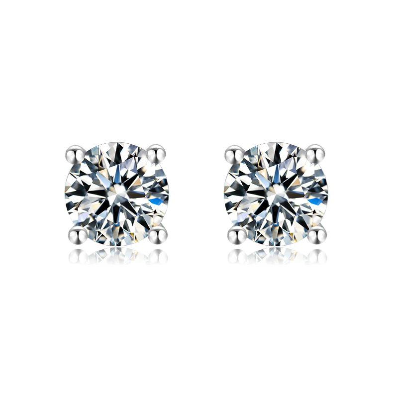 Solitaire Round Moissanite Four Prong Sterling Silver Stud Earrings - Image 7
