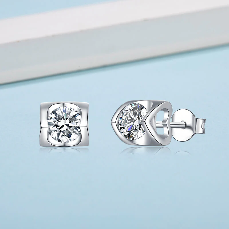 Solitaire Round Moissanite Heart-Shape Sterling Silver Stud Earrings - Image 2