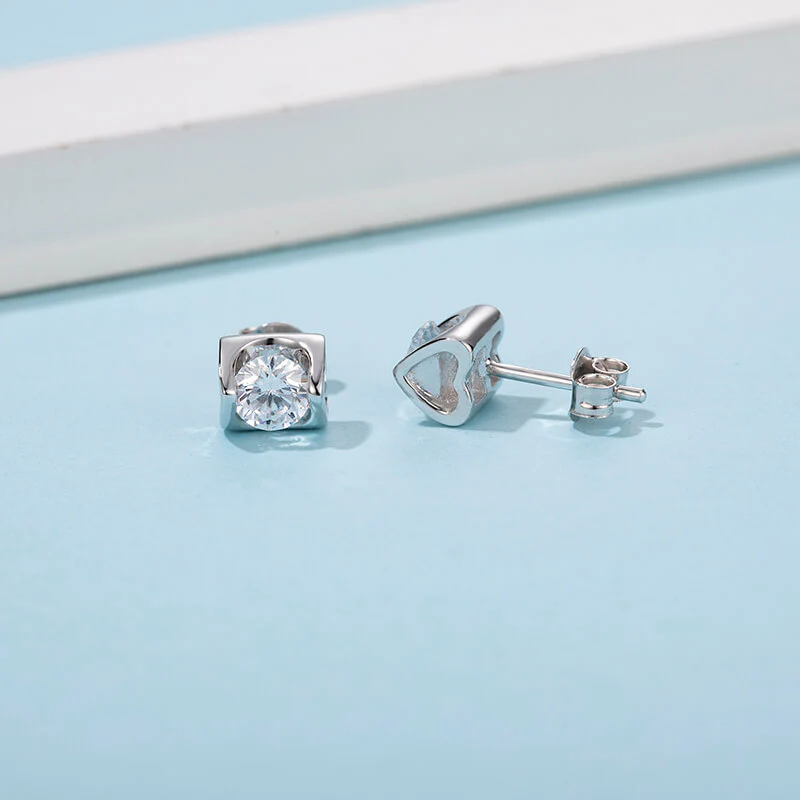 Solitaire Round Moissanite Heart-Shape Sterling Silver Stud Earrings - Image 4