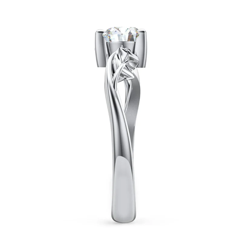 Solitaire Round Moissanite Leaf Accents Engagement Ring - Image 2
