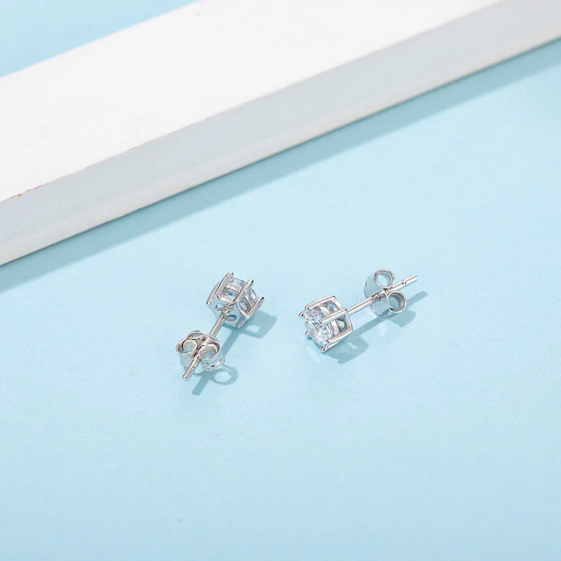 Solitaire Round Moissanite Six Prong Sterling Silver Stud Earrings - Image 2
