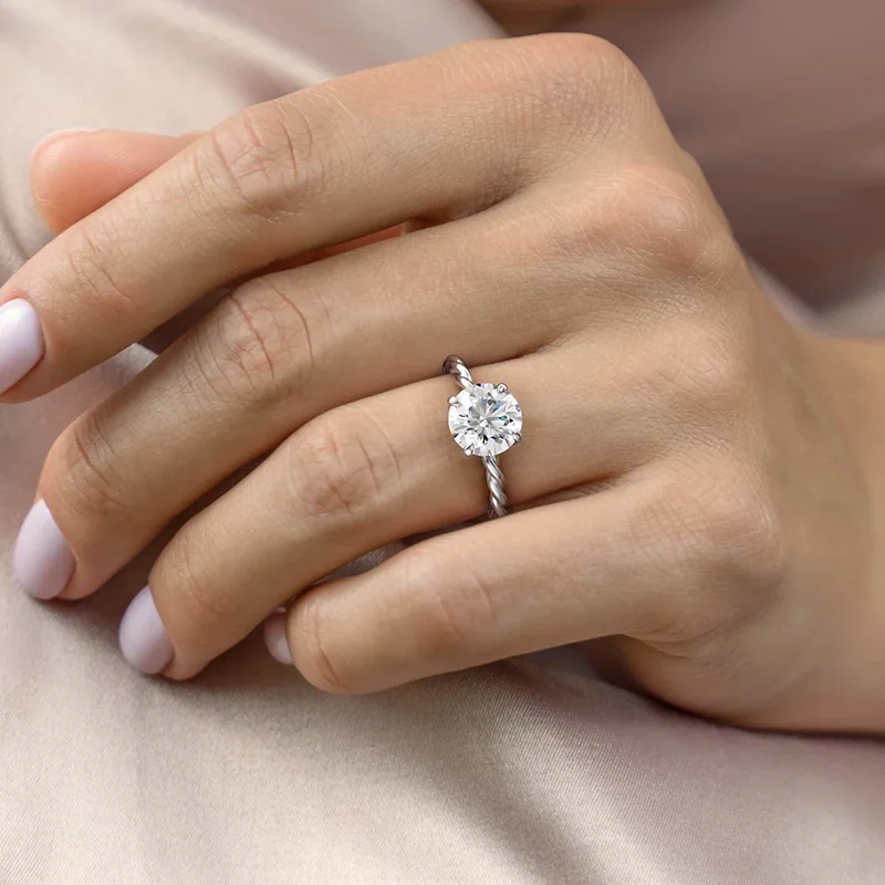 Solitaire Round Moissanite Twisted Rope Bead Engagement Ring - Image 5
