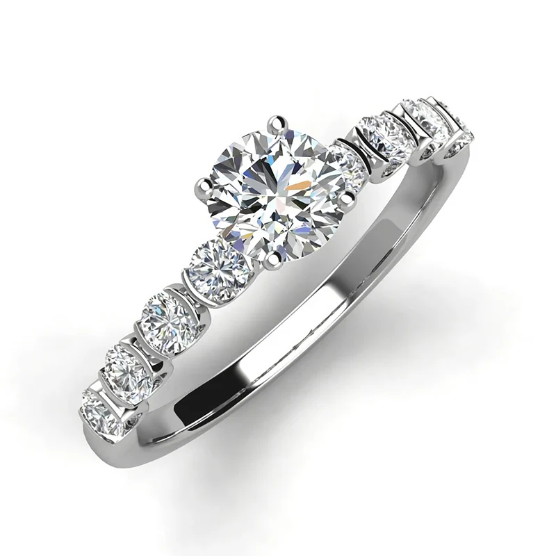 Solitaire with Half Bezel Accents Moissanite Engagement Ring - Image 2