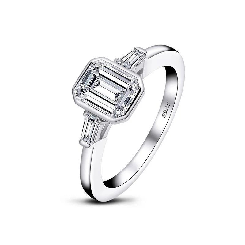 Three Stone Emerald Cut Moissanite Bezel Engagement Ring - Image 2