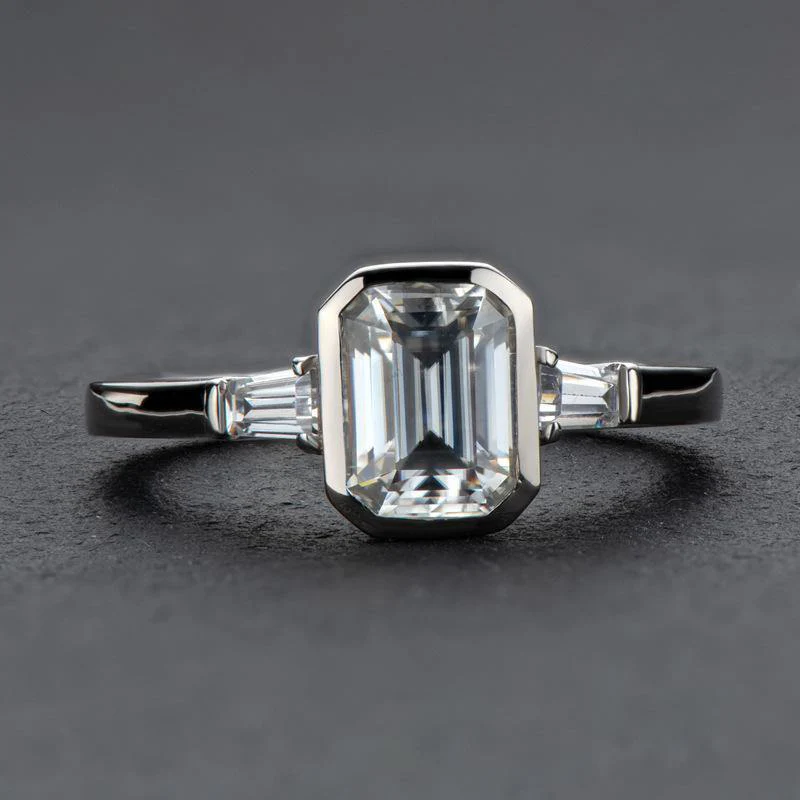 Three Stone Emerald Cut Moissanite Bezel Engagement Ring - Image 4