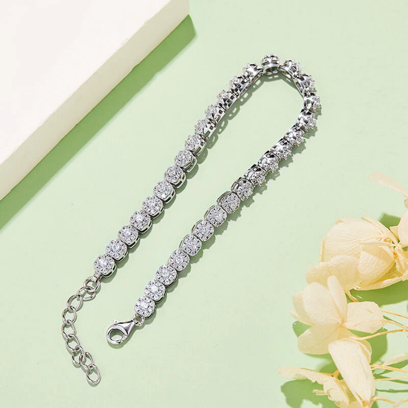 Square Halo Round Moissanite Tennis Sterling Silver Bracelet - Image 2