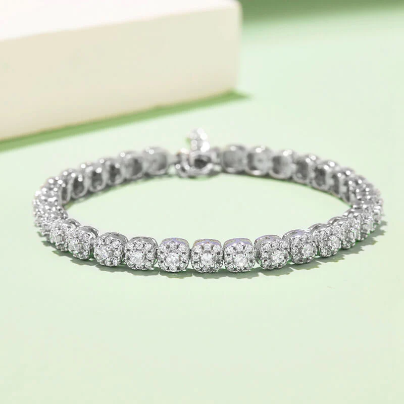 Square Halo Round Moissanite Tennis Sterling Silver Bracelet - Image 3
