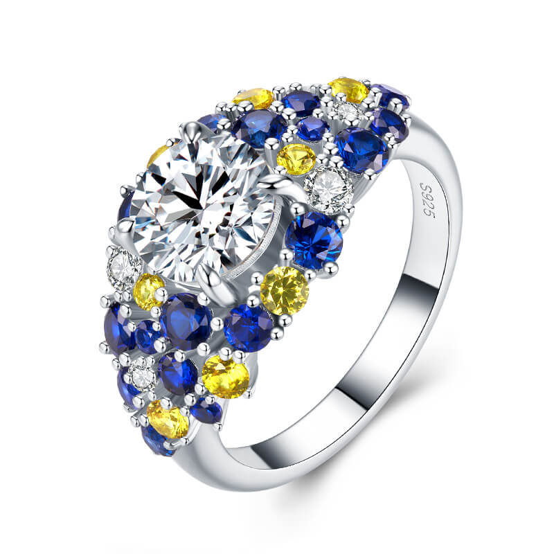 "Starry Night" Moissanite Blue & Yellow Sapphire Cluster  Engagement Ring - Image 3