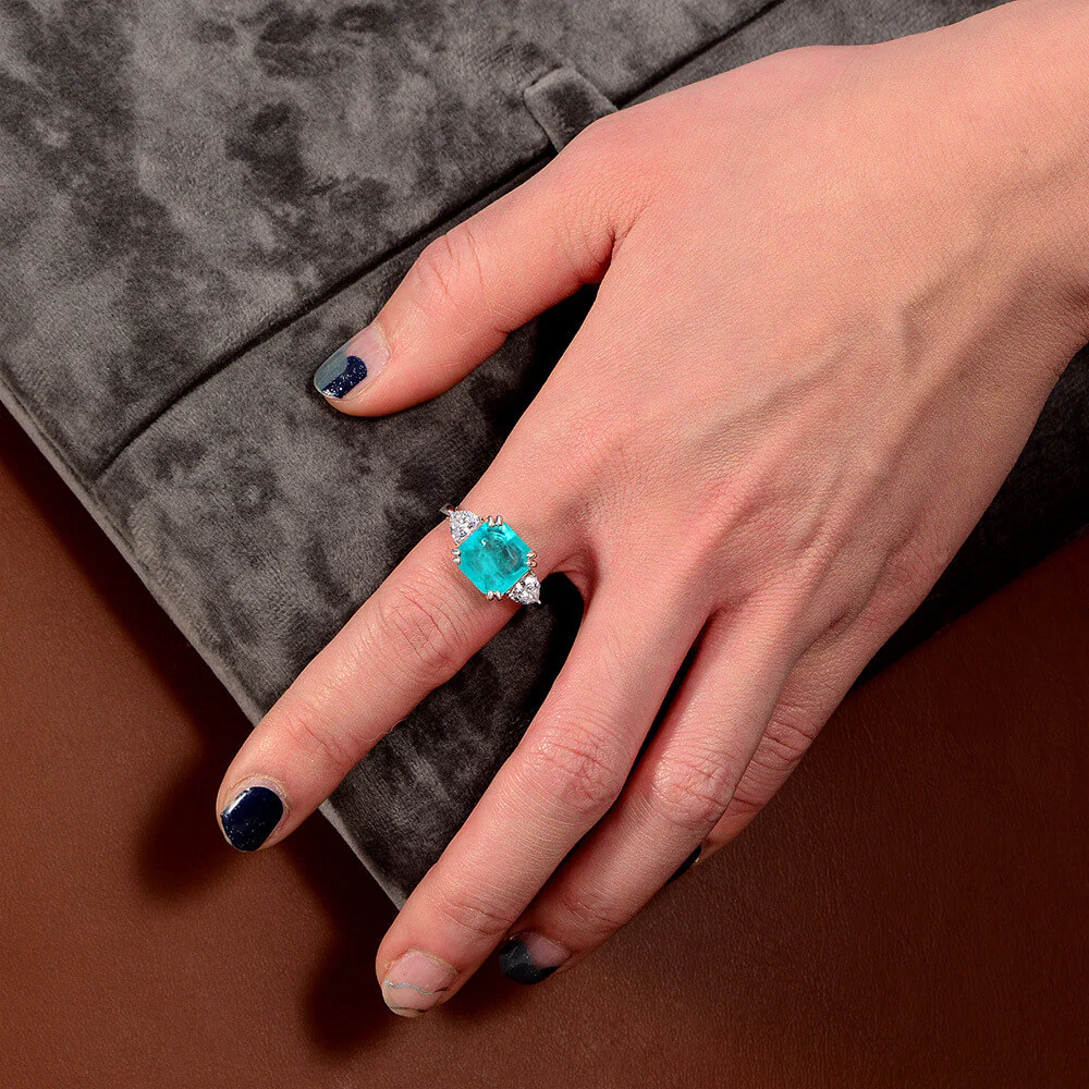 Three Stone Asscher Cut Paraiba Sterling Silver Ring - Image 4