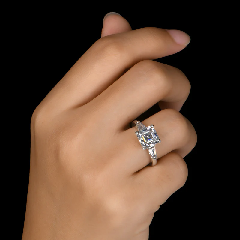 Three Stone Asscher Moissanite Tapered Baguette Engagement Ring - Image 5
