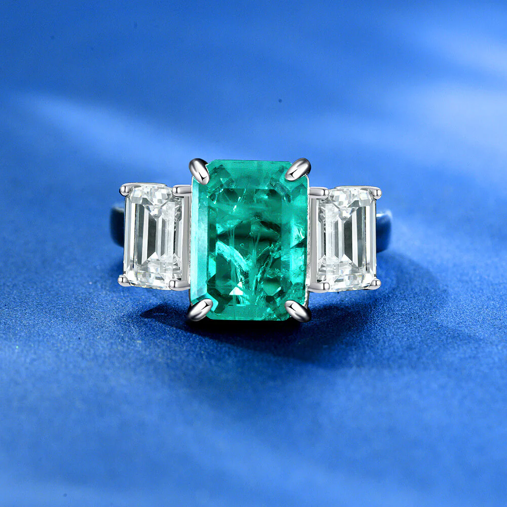 Three Stone Emerald-Cut  Paraiba And Sapphire Sterling Silver Ring - Image 2