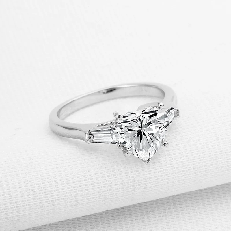 Three Stone Heart Moissanite Tapered Baguette Engagement Ring - Image 3