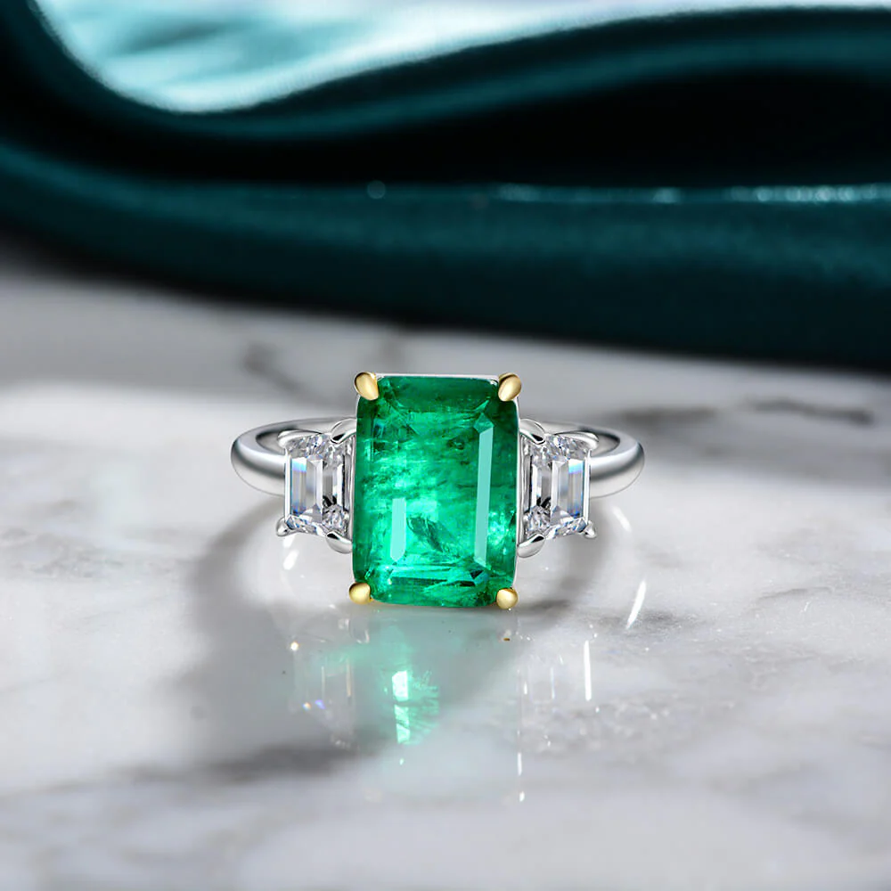 Three Stone Lab Emerald Two Tone Sterling Silver Ring - Image 3