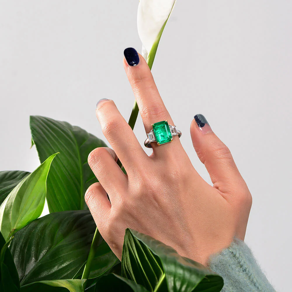 Three Stone Lab Emerald Two Tone Sterling Silver Ring - Image 4