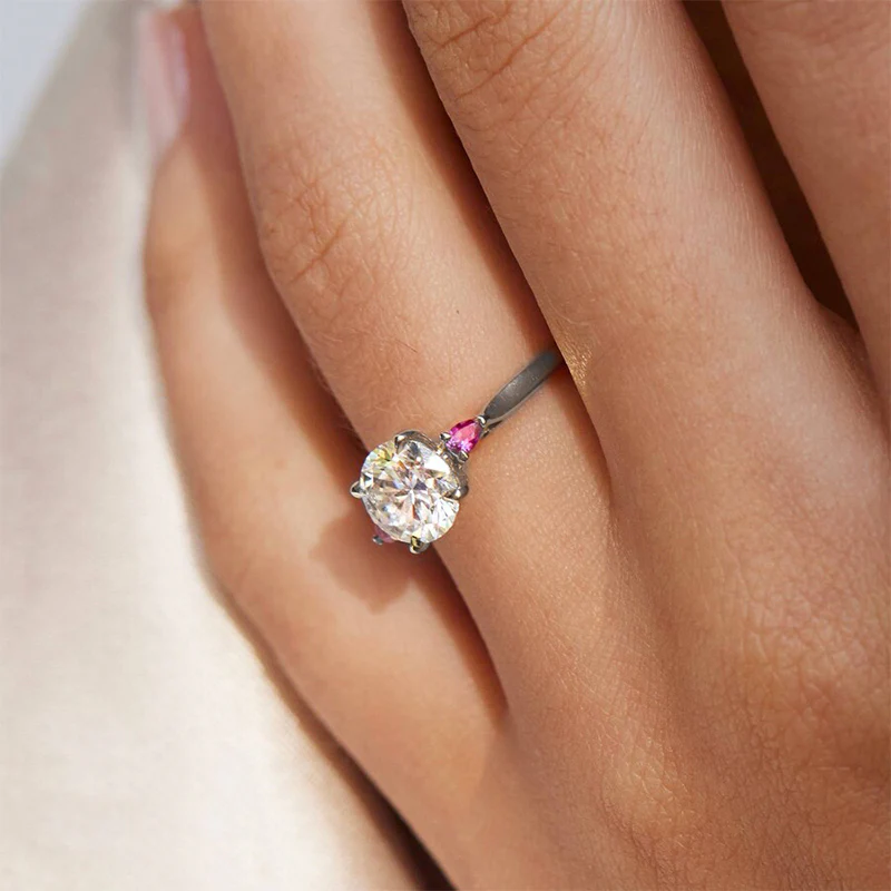 Three Stone Moissanite And Pear Ruby Engagement Ring - Image 4