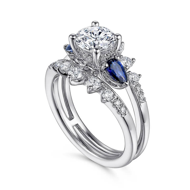Three Stone Moissanite And Sapphire Enhanced Split Shank Engagement Ring - Image 2