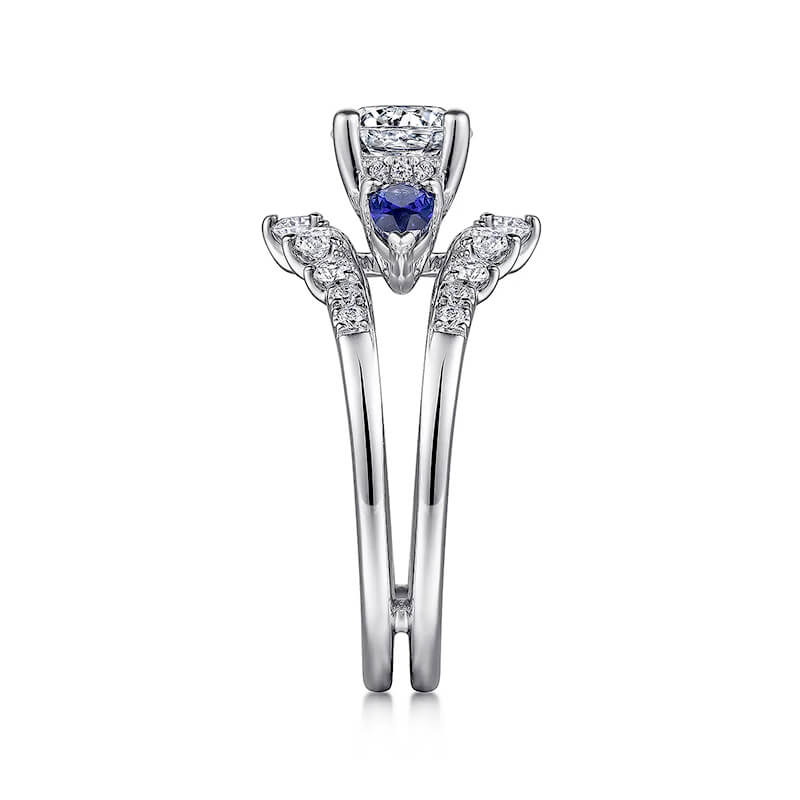 Three Stone Moissanite And Sapphire Enhanced Split Shank Engagement Ring - Image 4