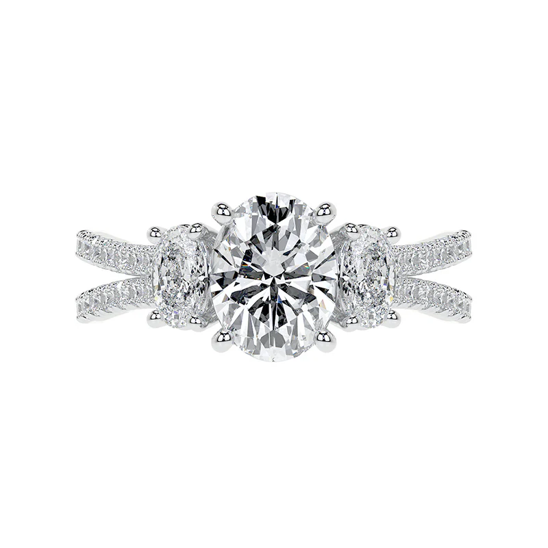 Three Stone Oval Moissanite Criss-Cross Pave Engagement Ring