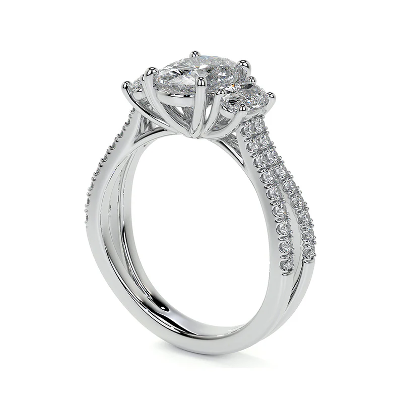 Three Stone Oval Moissanite Criss-Cross Pave Engagement Ring - Image 3
