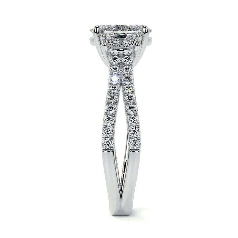 Three Stone Oval Moissanite Criss-Cross Pave Engagement Ring - Image 5