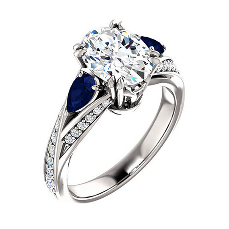 Three Stone Oval Moissanite With Pear Sapphire Split Pave Engagement Ring - Image 2