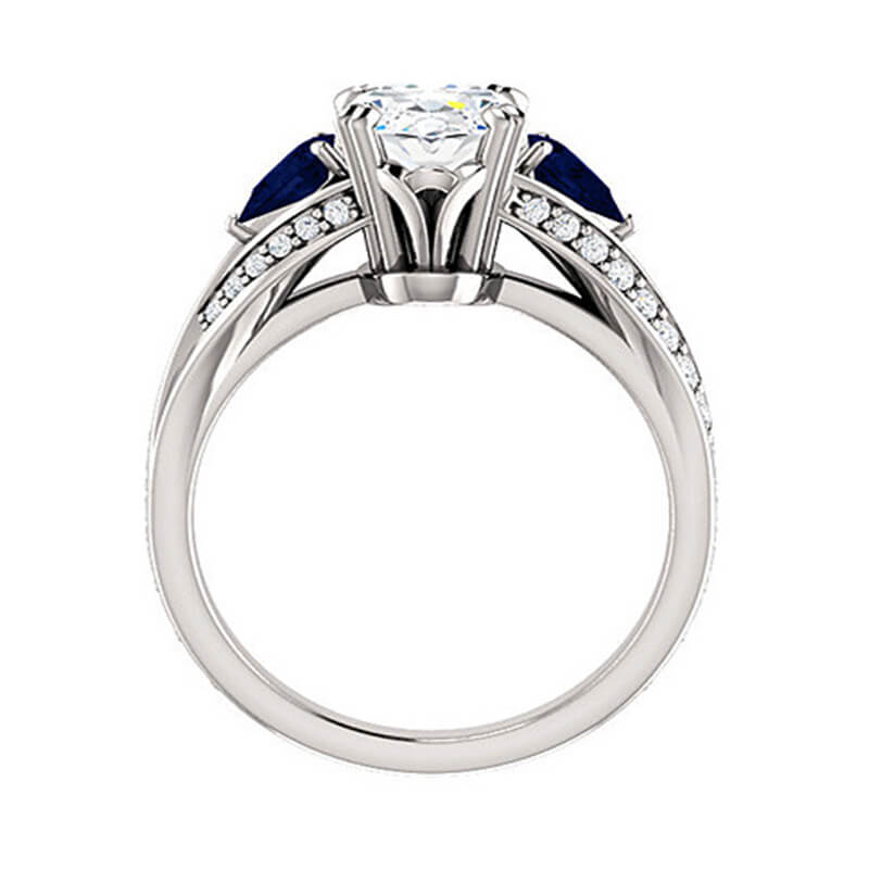 Three Stone Oval Moissanite With Pear Sapphire Split Pave Engagement Ring - Image 3