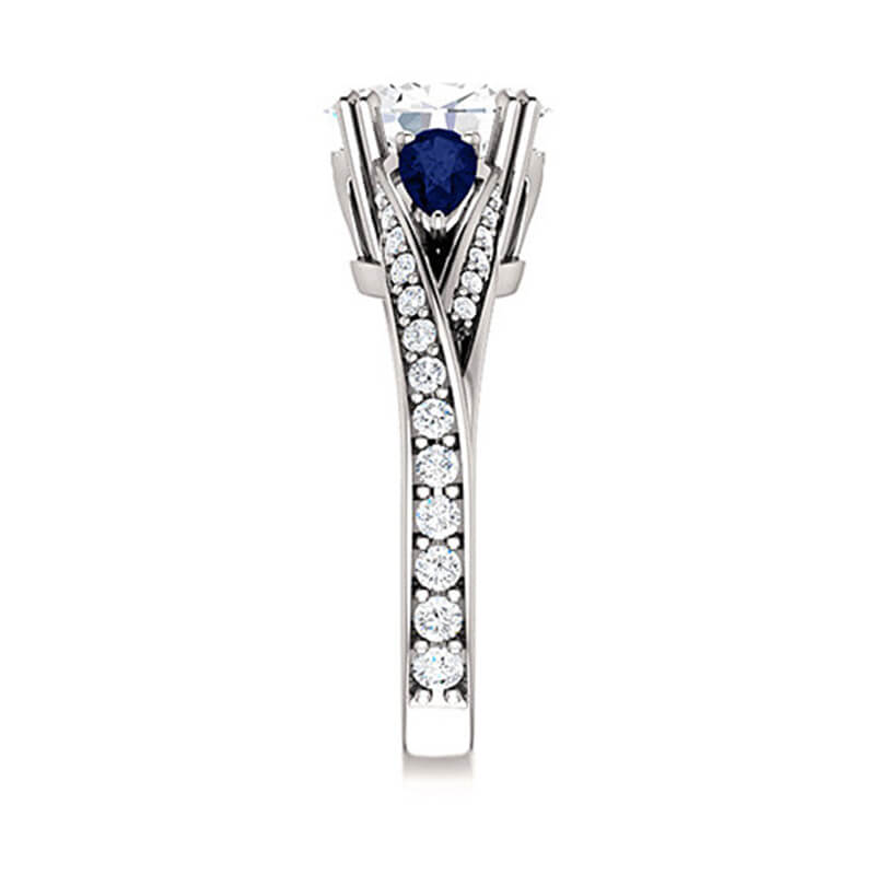 Three Stone Oval Moissanite With Pear Sapphire Split Pave Engagement Ring - Image 4
