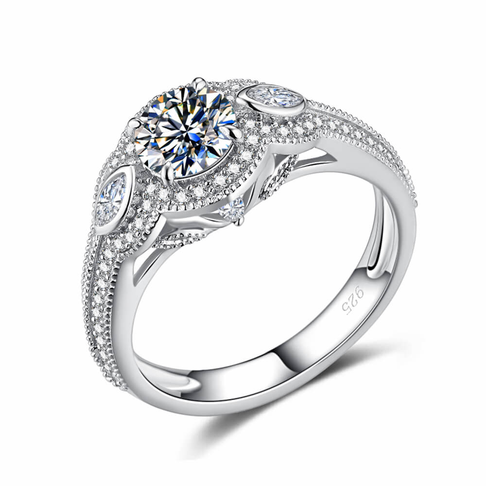 Three Stone Round And Marquise Moissanite Pave Ring Bridal Set - Image 2
