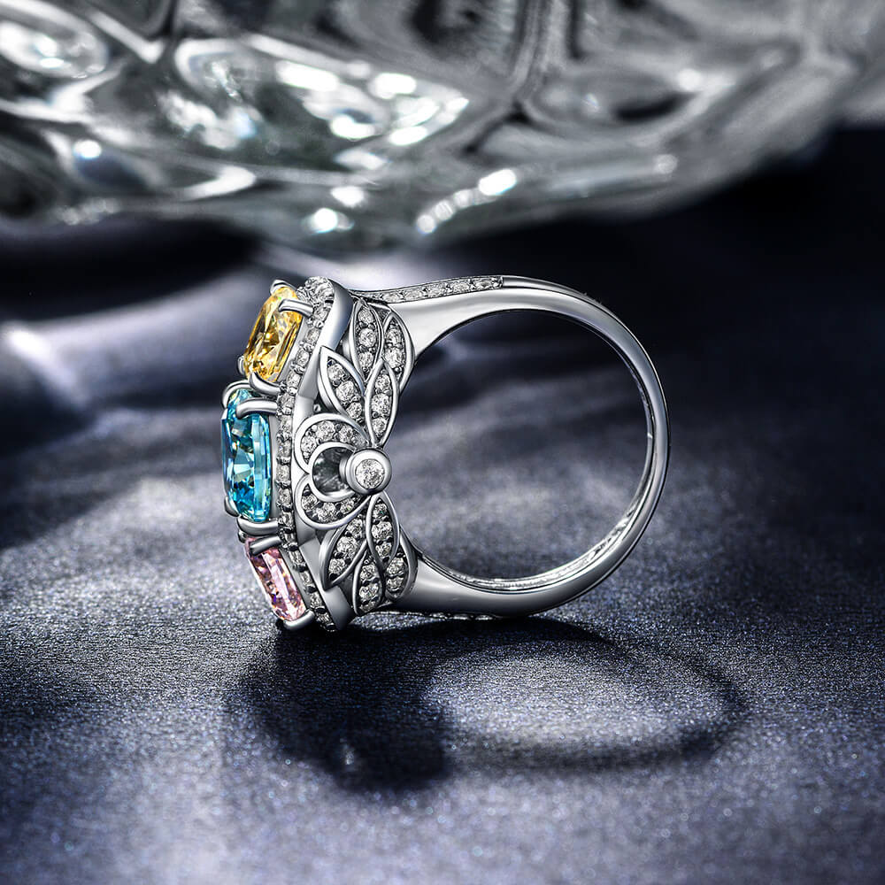Three Stone Cushion Cut Three Tone Simulated Diamond Sterling Silver Ring - Image 6
