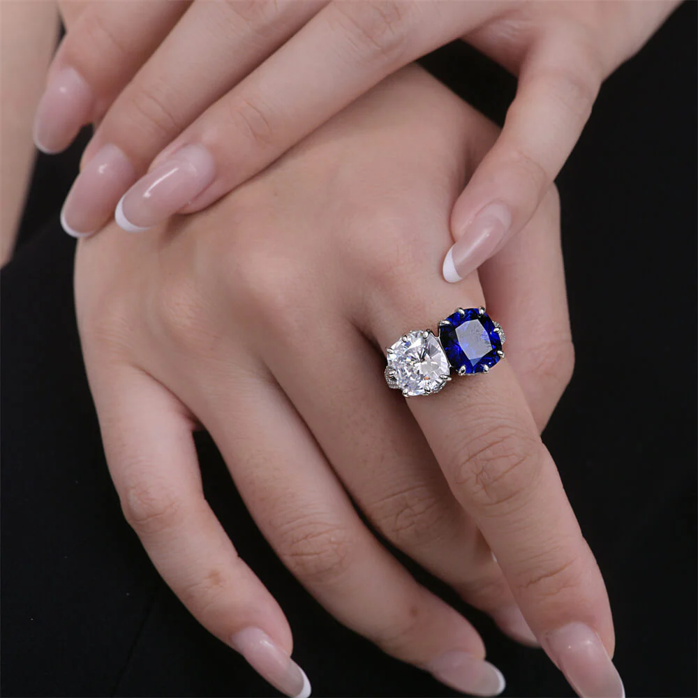 Two Stone Cushion Cut Lab-Created Sapphire Sterling Silver Ring - Image 2