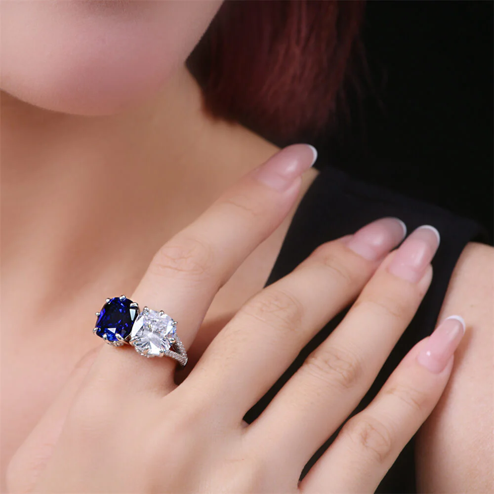 Two Stone Cushion Cut Lab-Created Sapphire Sterling Silver Ring - Image 4