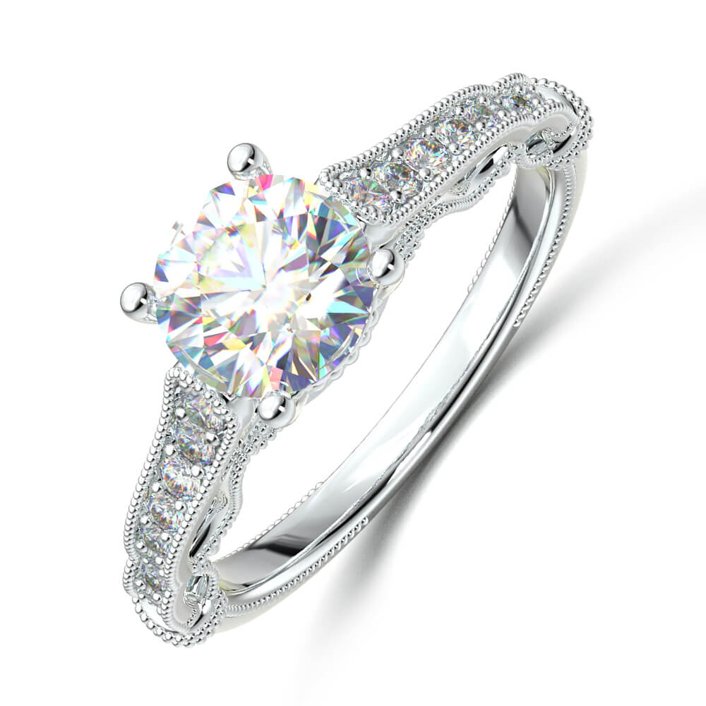Vintage Filigree Milgrain Moissanite Pave Engagement Ring
