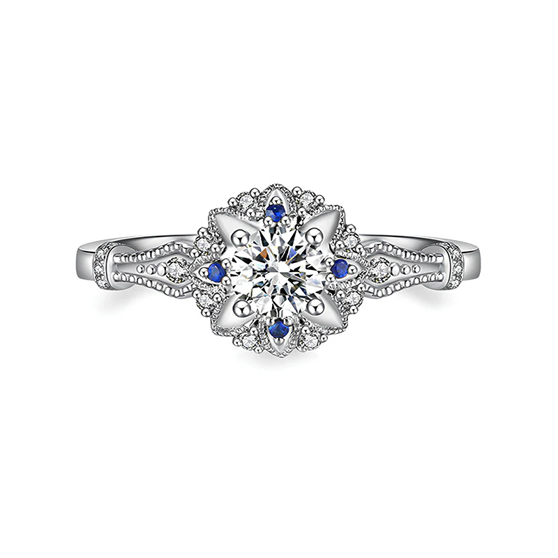 Vintage Halo Moissanite With Sapphire Accents Engagement Ring