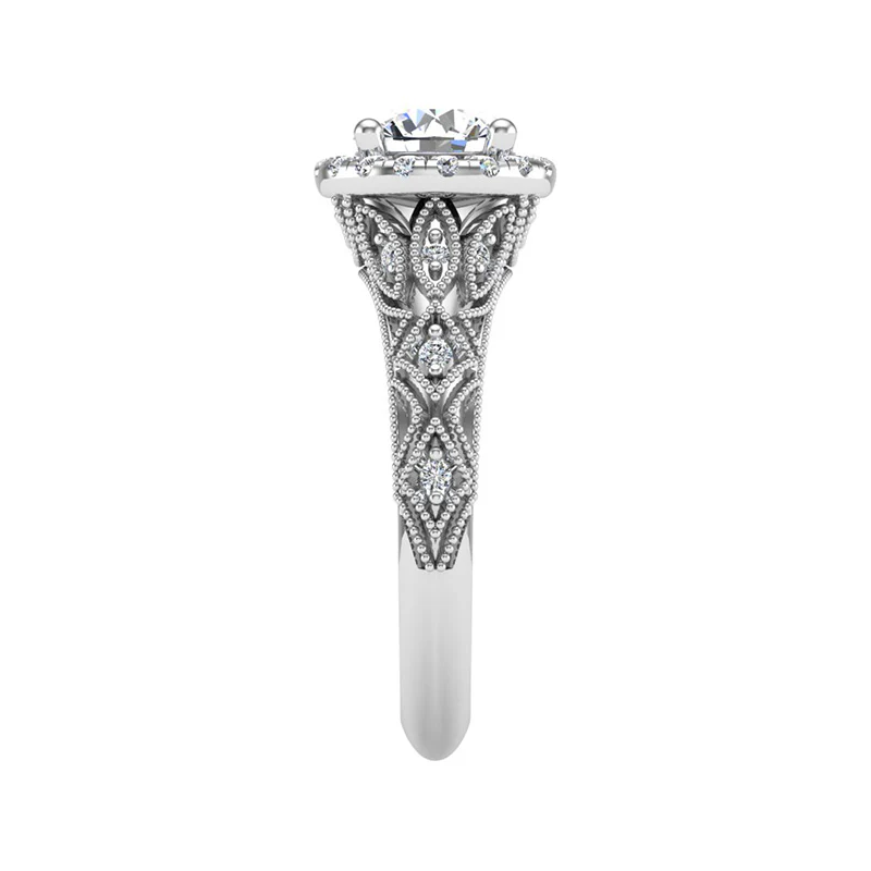 Vintage Halo Round Moissanite Geometric Milgrain Engagement Ring - Image 3