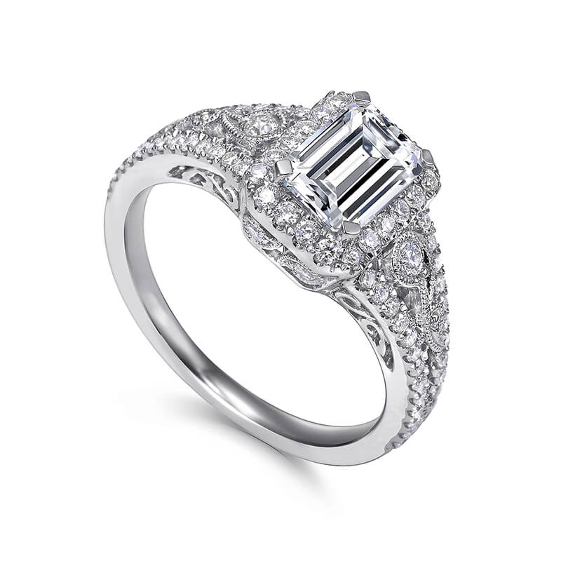 Vintage Inspired Halo Emerald-Cut Moissanite Pave Engagement Ring - Image 2