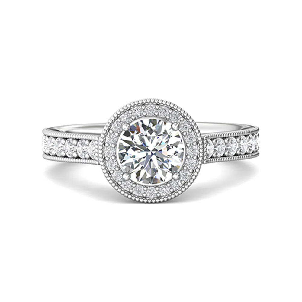 Vintage Milgrain Halo Round Moissanite Pave Engagement Ring