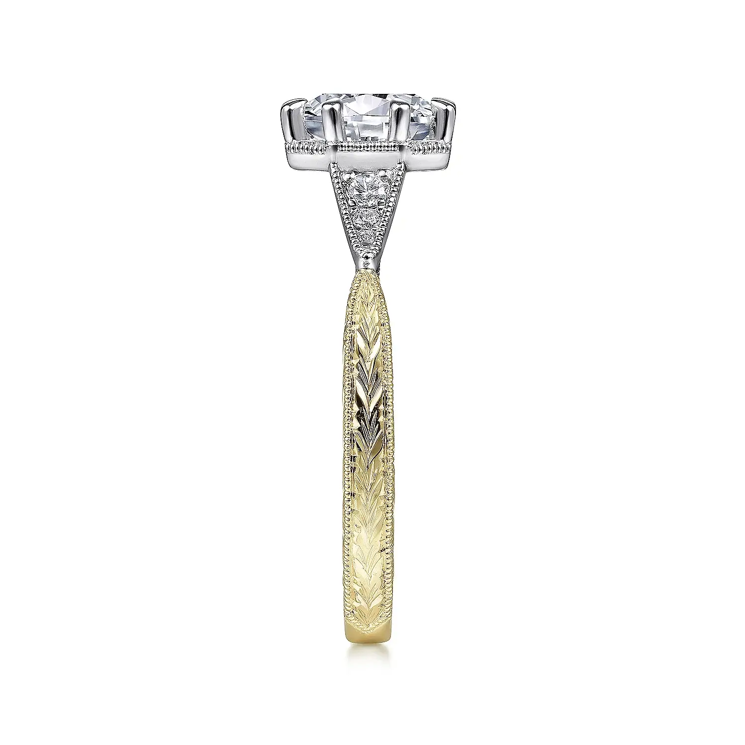 Vintage Moissanite Side Stone Accents Milgrain Two Tone Engagement Ring - Image 4