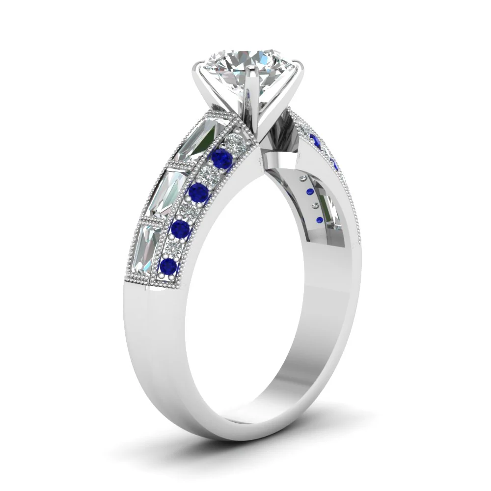 Vintage Moissanite With Tapered Baguette Sapphire Milgrain Engagement Ring - Image 4