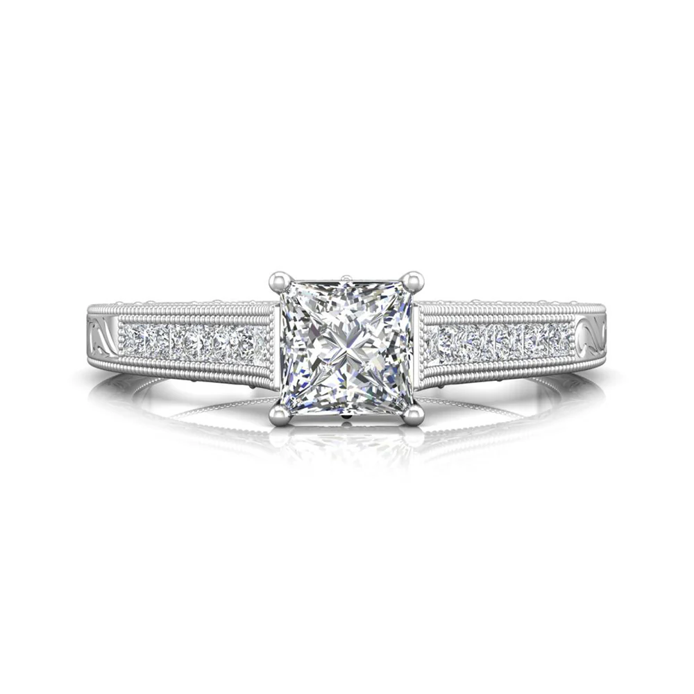 Vintage Princess Cut Moissanite Milgrain Gold Engagement Ring