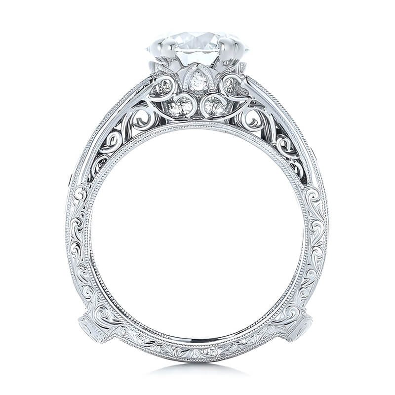 Vintage Round Moissanite & Blue Sapphire Scroll Engagement Ring Set - Image 3